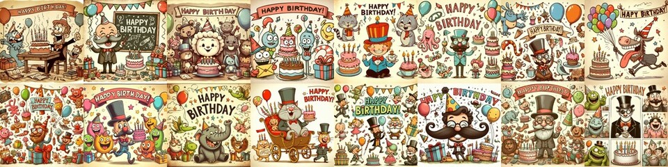 Fototapeta premium Vintage cartoon Happy Birthday. AI generated illustration