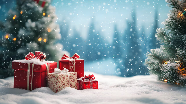 un fondo de navidad con arboles decorados con esferas y luces y cajas de regalo envueltas con decoraciones navide&ntilde;as para celebrar la navidad