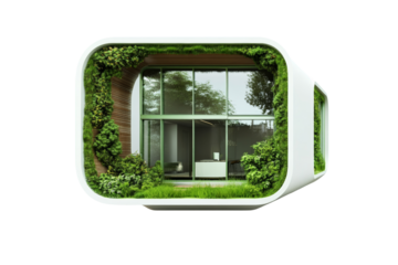 Zeroenergy insulated green building, cuttingedge design, environmentally conscious, on solid white background, single object.,,Isolated on transparent background