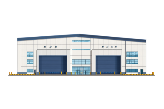 Industrial warehouse building with large rolling doors and steel frame ,Isolated on transparent background.