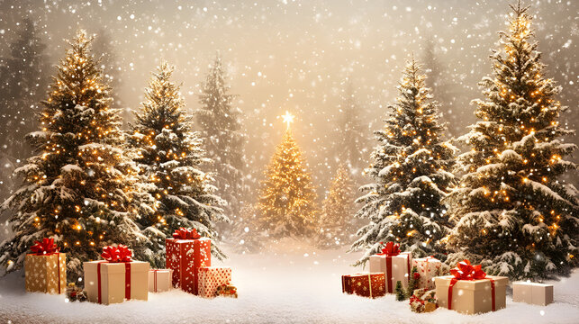 fondo de un paisaje frio y nevando en invierno iluminado y con arboles decorados y regalos de navidad para celebracion navide&ntilde;a 