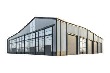 Industrial warehouse building with large rolling doors and steel frame ,Isolated on transparent background.