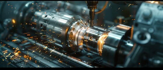 Expert engineer operating advanced machinery with sparks flying during metalwork.