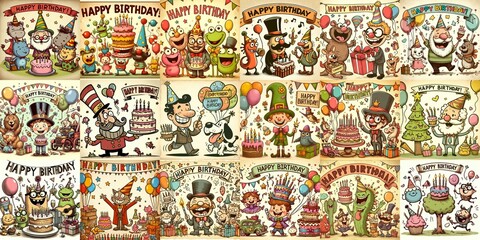 Naklejka premium Vintage cartoon Happy Birthday. AI generated illustration