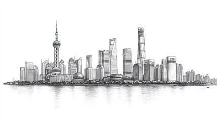Obraz premium Shanghai, China, black and white pen pencil hand-drawn effect drawing illustration for travel poster, card, wallpaper, backdrop or banner. Modern, clear, artistic and simple