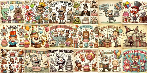 Fototapeta premium Vintage cartoon Happy Birthday. AI generated illustration