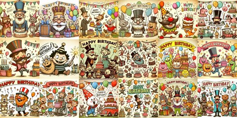 Fototapeta premium Vintage cartoon Happy Birthday. AI generated illustration