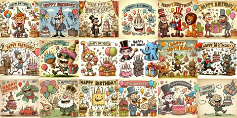 Obraz premium Vintage cartoon Happy Birthday. AI generated illustration