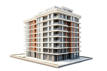 Intricate model of an urban apartment building with detailed facade features ,Isolated on transparent background.