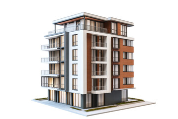 Intricate model of an urban apartment building with detailed facade features ,Isolated on transparent background.