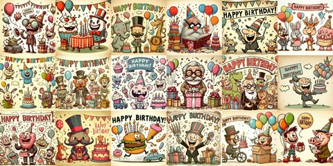 Naklejka premium Vintage cartoon Happy Birthday. AI generated illustration