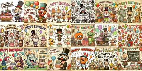 Vintage cartoon Happy Birthday. AI generated illustration