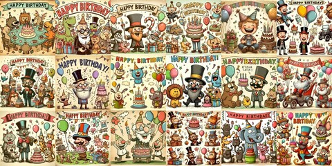 Naklejka premium Vintage cartoon Happy Birthday. AI generated illustration