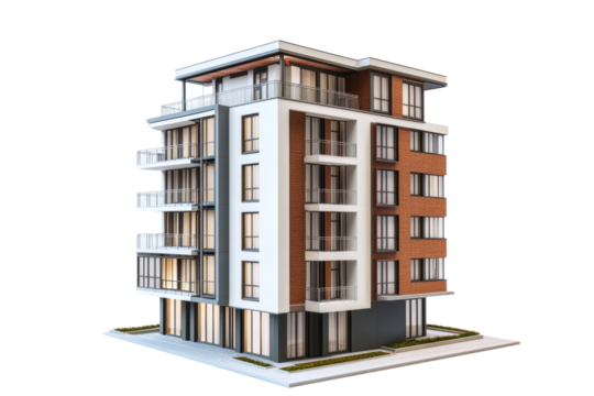 Intricate model of an urban apartment building with detailed facade features ,Isolated on transparent background.