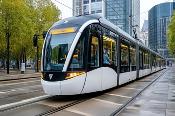 A modern electric tram traveling through a city, representing efficient and sustainable public transportation