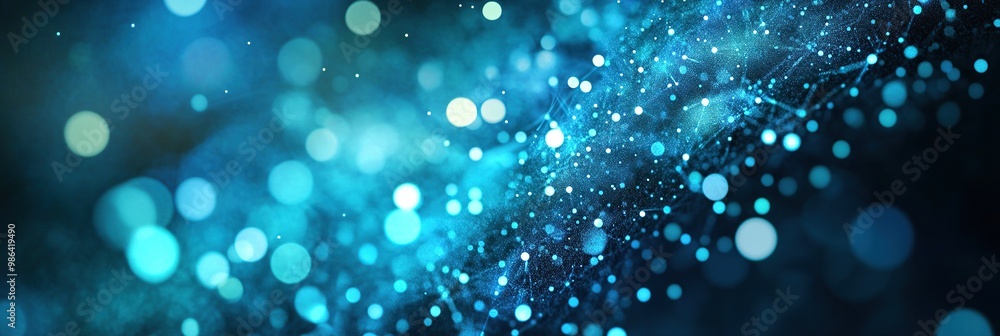 Poster abstract background with blue and teal lights, digital network, data flow, bokeh effect