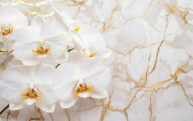Delicate white peony flowers arranged elegantly on marble background for a fresh spring aesthetic