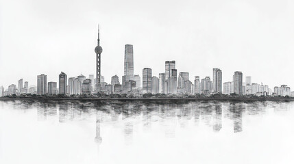 Shenyang, China, black and white pen pencil hand-drawn effect drawing illustration for travel poster, card, wallpaper, backdrop or banner. Modern, clear, artistic and simple