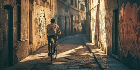 Man cycling through a narrow alley with sunlit walls, casting long shadows, authentic urban street scene, quiet moment of exploration, selective focus


