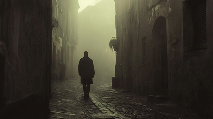 Shadowy figure walking through a fog-filled street in an old town