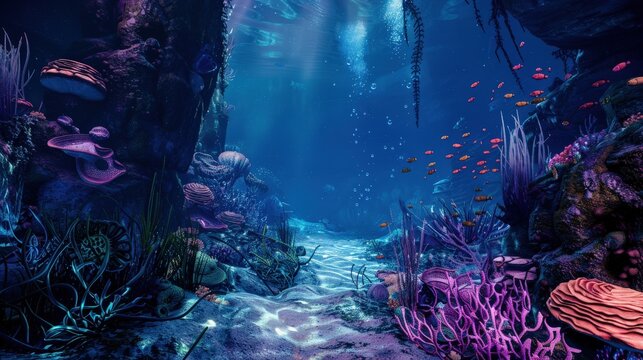 magazine of Paint a picture of an underwater civilization inhabited by merfolk, featuring coral cities and bioluminescent flora and fauna.