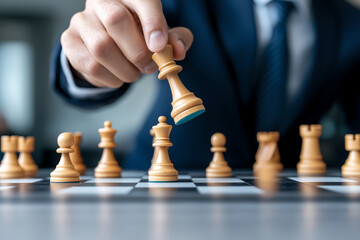 Businessman Strategizing and Moving Chess Piece on Chessboard, Close-Up
