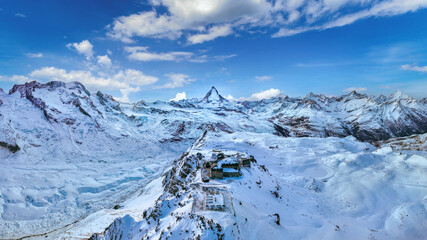 Aerial drone shot of Matterhorn and swiss alps in Zermatt, Switzerland.