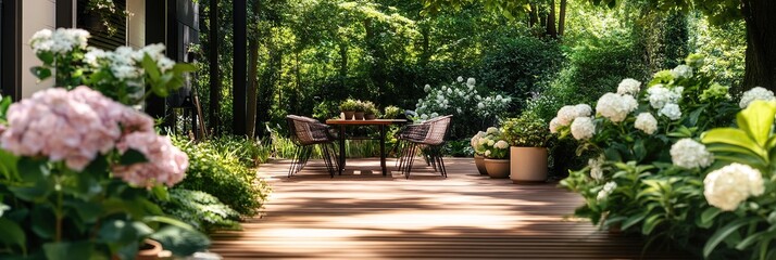 Obraz premium Beautiful wooden terrace with a table and chairs surrounded by lush greenery