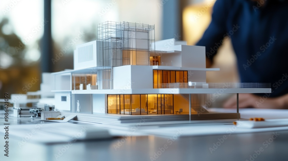 Poster modern architecture house model on desk with blueprints