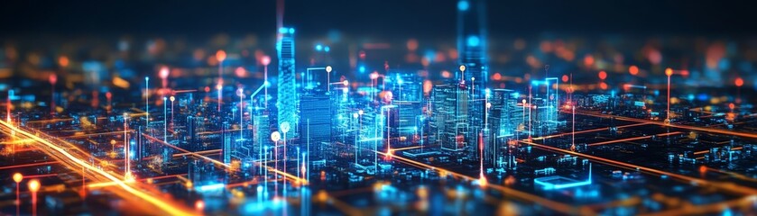 Futuristic Cityscape with Neon Lights and Digital Network