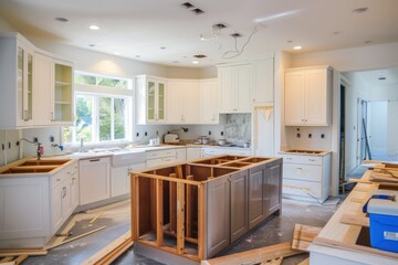 A kitchen is being remodeled with a white countertop and cabinets, generative ai image