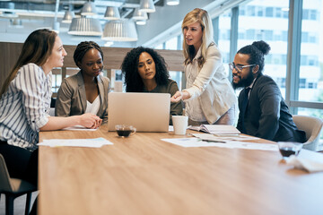 Meeting, laptop and business women in discussion for teamwork, strategy or partnership....