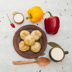 beautifull ukranian food on the traditional table with green, salt, pepper, spices 