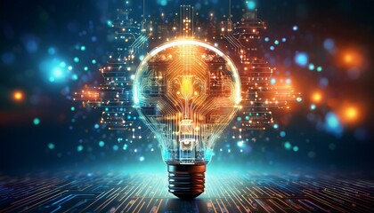 Illustration of a glowing lightbulb symbolizing creativity and innovation, surrounded by an explosion of colors, dynamic particles, and abstract shapes. Generative AI