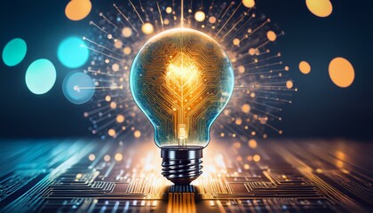 Illustration of a glowing lightbulb symbolizing creativity and innovation, surrounded by an explosion of colors, dynamic particles, and abstract shapes. Generative AI