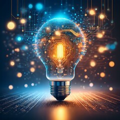 Illustration of a glowing lightbulb symbolizing creativity and innovation, surrounded by an explosion of colors, dynamic particles, and abstract shapes. Generative AI