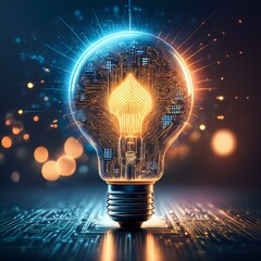 Illustration of a glowing lightbulb symbolizing creativity and innovation, surrounded by an explosion of colors, dynamic particles, and abstract shapes. Generative AI