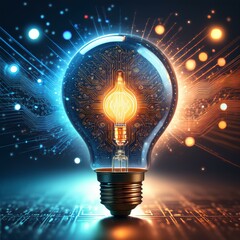Illustration of a glowing lightbulb symbolizing creativity and innovation, surrounded by an explosion of colors, dynamic particles, and abstract shapes. Generative AI