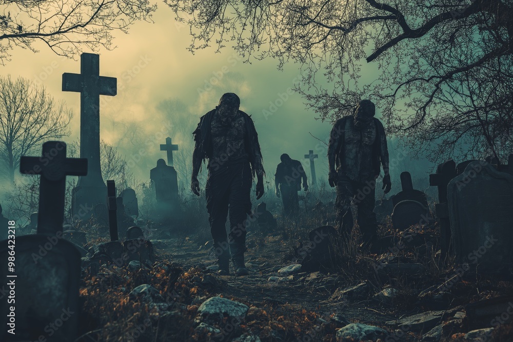 Poster a graveyard with a cross and a few graves. two zombies walk through the graveyard. scene is eerie an