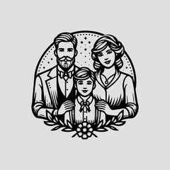 Silhouette of a happy family. vintage style vector logo.,  happy parenting logo. 