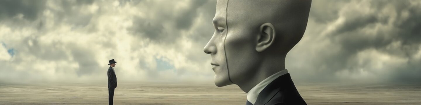 A man stands in front of a large, faceless man. The man in the foreground is wearing a suit and tie, while the faceless man is wearing a suit and tie as well. The scene is set in a desert