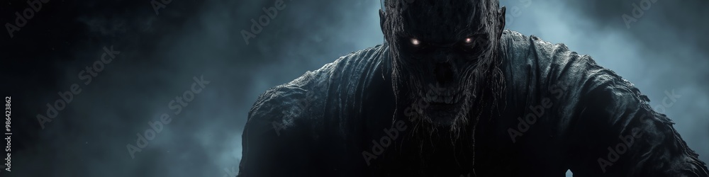Poster a man with a scary face is standing in front of a dark background. the man is wearing a black jacket