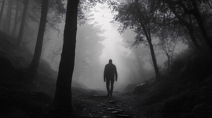 Dark, shadowy figure walking through a misty forest trail