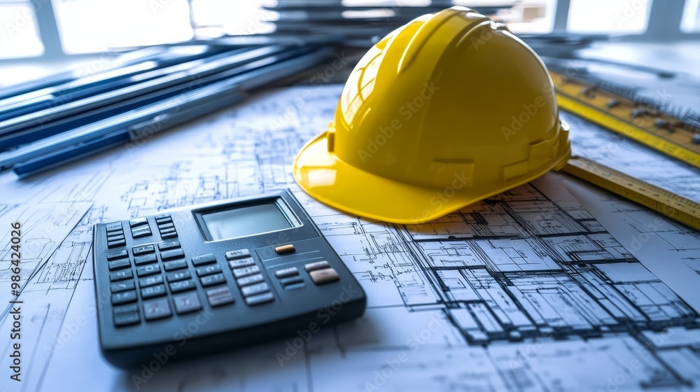 Poster construction blueprint with hardhat calculator and ruler