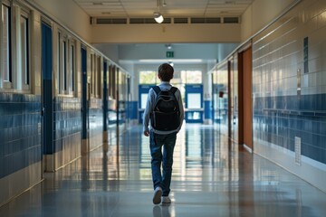 A boy walks down a hallway with his backpack, generative ai image