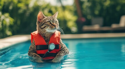 At a sunny pool, a cat wearing a lifeguard vest sits attentively by the water, ready to watch over swimmers and ensure safety during the warm summer day