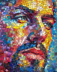 Obraz premium A portrait of a man composed of intricate mosaic tiles, each representing a different skill or talent. The harmonious blend of colors and patterns is inspired by the abstract 