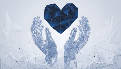 Abstract vector 3d human hands holding or giving heart symbol in dark blue. Charity, volunteering, social care concept. Digital low poly mesh wireframe with connected dots, lines, stars 