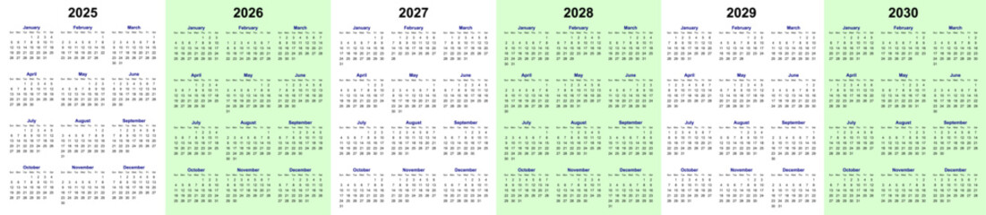 2025 to 2030 calendar design for company promotion, advertisement, office, wall, brand etc purpose. vector eps calendar design.