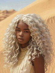 Fototapeta premium A powerful image featuring a Sudanese girl with silver-blonde curls, radiating strength and resilience against the timeless backdrop of the Nubian Desert. The warm, golden sands provide a natural